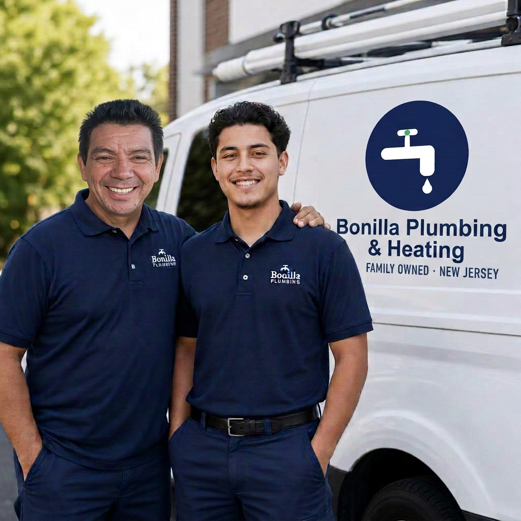 Father and son plumbers from Bonilla Plumbing & Heating standing by their service van